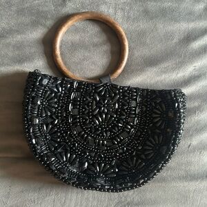 Gorgeous Zara black beaded purse with wooden circle handle